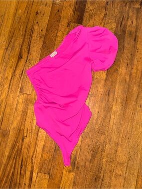 Free People Hot Pink One-Shoulder Puff-Sleeve Bodysuit
